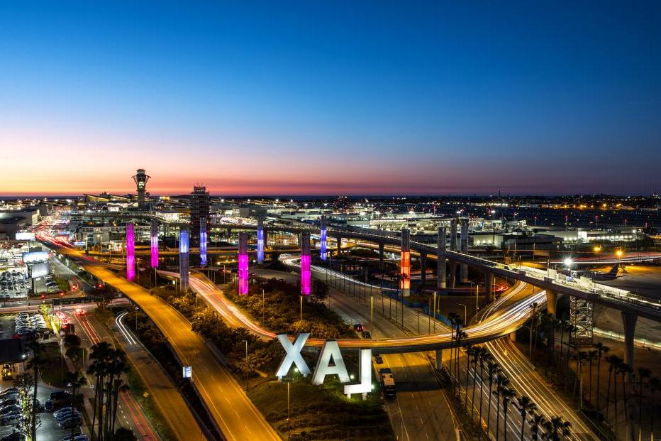 Los Angeles, California, USA - April 7, 2024: Overview of the Los Angeles International Airport. Captured from above after sunset.